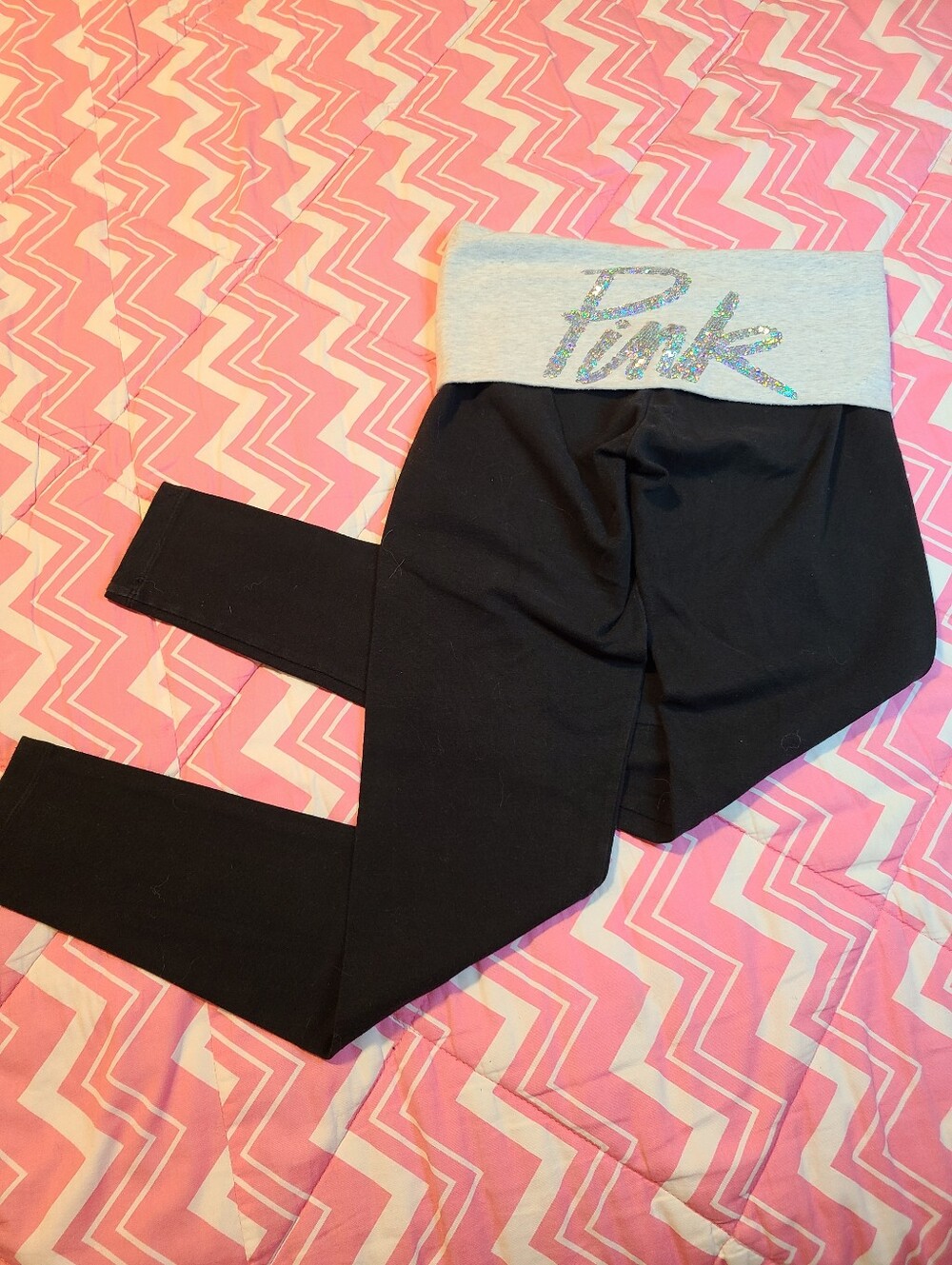 VTG VS PINK YOGA Bling Logo Foldover Cotton Leggings Size XS